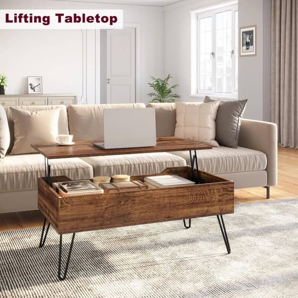 Rootz Lift Top -sohvapöytä - Vintage olohuoneen pöytä - Korkeussäädettävä - Piilotettu säilytystila - Tukeva rakenne - 95 cm x 55,5 cm x 71,5 cm