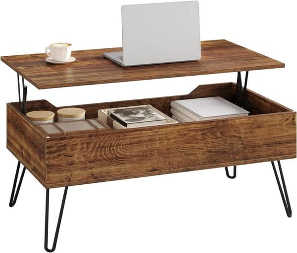 Rootz Lift Top -sohvapöytä - Vintage olohuoneen pöytä - Korkeussäädettävä - Piilotettu säilytystila - Tukeva rakenne - 95 cm x 55,5 cm x 71,5 cm