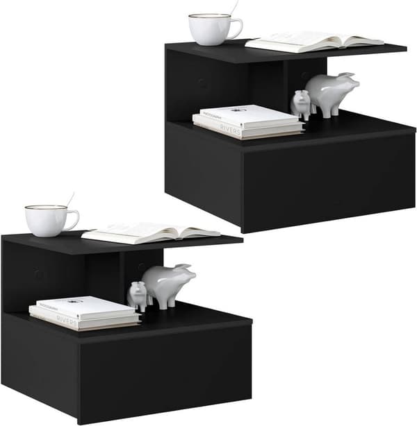 Rootz vægmonteret sengebord - Flydende natbord - Pladsbesparende sidebord - E1 træmateriale - Hvid & Sort - 40cm x 31cm x 35cm