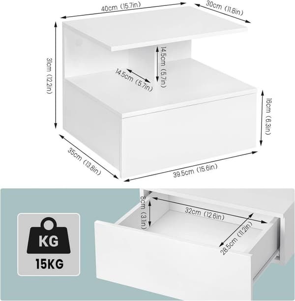 Rootz seinään kiinnitettävä yöpöytä - Kelluva yöpöytä - Skandinavian yöpöytä - E1 Puumateriaali - 40cm x 31cm x 35cm