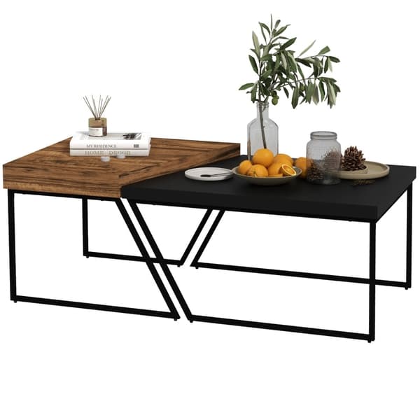 Rootz Industrial sohvapöytäsetti - Sivupöytä - Olohuoneen pöytä - Maalaismainen ruskea+musta - Lastulevy ja teräs - 80cm x 60cm x 42cm, 60cm x 60cm x