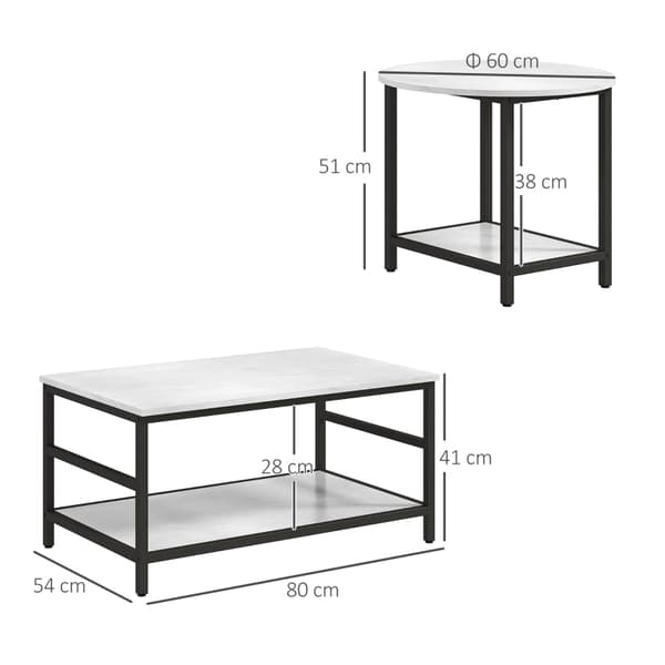 Rootz Marble Look Soffbord Set - Sidobord - Vardagsrumsmöbler - Stålstomme - 80cm x 54cm x 41cm, 60cm x 60cm x 51cm