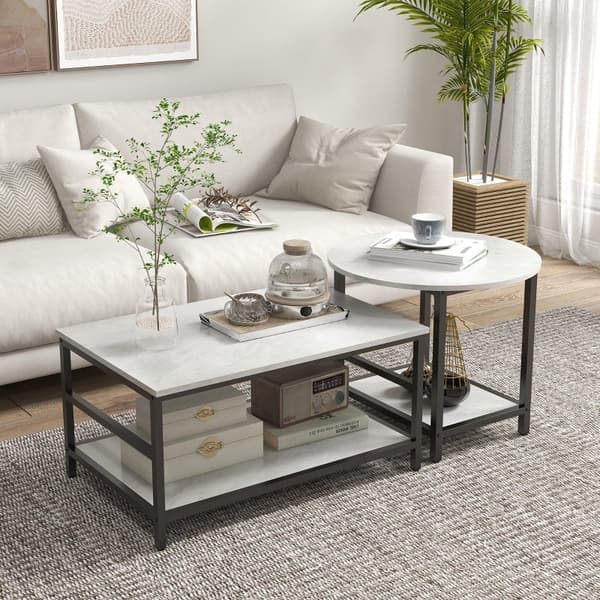 Rootz Marble Look Soffbord Set - Sidobord - Vardagsrumsmöbler - Stålstomme - 80cm x 54cm x 41cm, 60cm x 60cm x 51cm