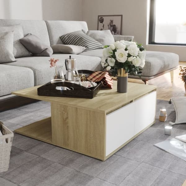 Soffbord vit och sonoma-ek 80x80x31 cm konstruerat trä