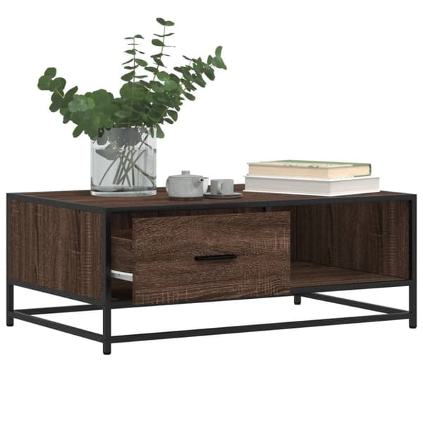 sofabord 90x57x35 cm konstrueret træ og metal brunt egetræ