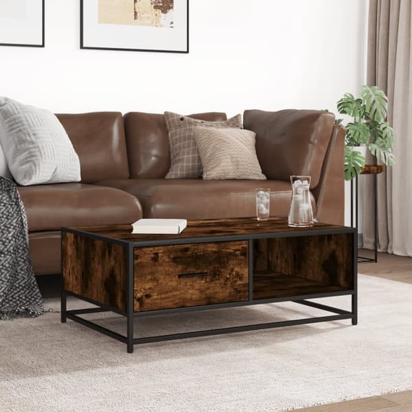 sofabord 90x57x35 cm konstrueret træ og metal røget egetræ