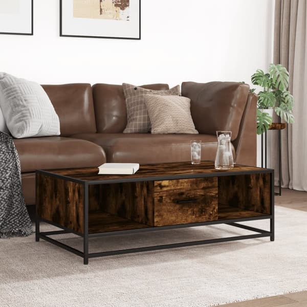 sofabord 100x57x35 cm konstrueret træ og metal røget egetræ