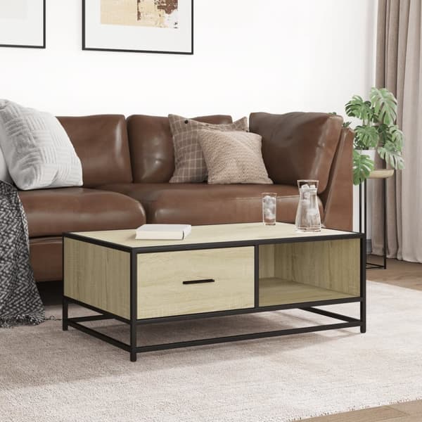 sofabord 90x57x35 cm konstrueret træ og metal sonoma-eg