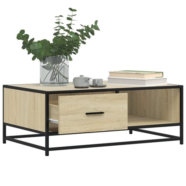 sofabord 90x57x35 cm konstrueret træ og metal sonoma-eg
