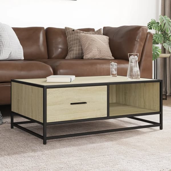 sofabord 90x57x35 cm konstrueret træ og metal sonoma-eg