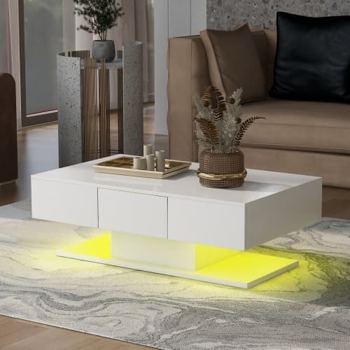Soffbord med LED och låda - högblank - Vit
