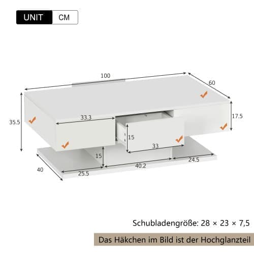 Soffbord med LED och låda - högblank - Vit