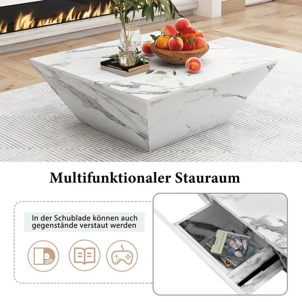 Modernt soffbord - med 2 lådor - fanér med marmormönster - Vit