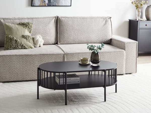 Sort MDF-sofabord 103 x 50 cm ovalt bord med hylde til stue/soveværelse