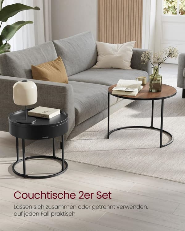 Rootz 2-delat soffbord - valnötsvart - runda accentbord - MDF-spånskiva stål - 60 cm x 60 cm x 45 cm & 44 cm x 44 cm x 42 cm