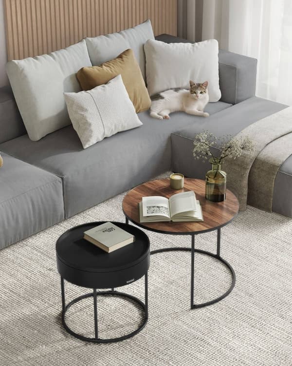 Rootz 2-delat soffbord - valnötsvart - runda accentbord - MDF-spånskiva stål - 60 cm x 60 cm x 45 cm & 44 cm x 44 cm x 42 cm