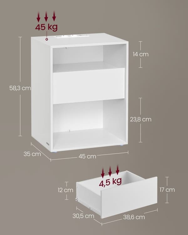 Rootz sengebord med opladningsfunktion - Natbord - Skuffe - Mat hvid - Spånplademateriale - 35 cm x 45 cm x 58,3 cm - 11,6 kg