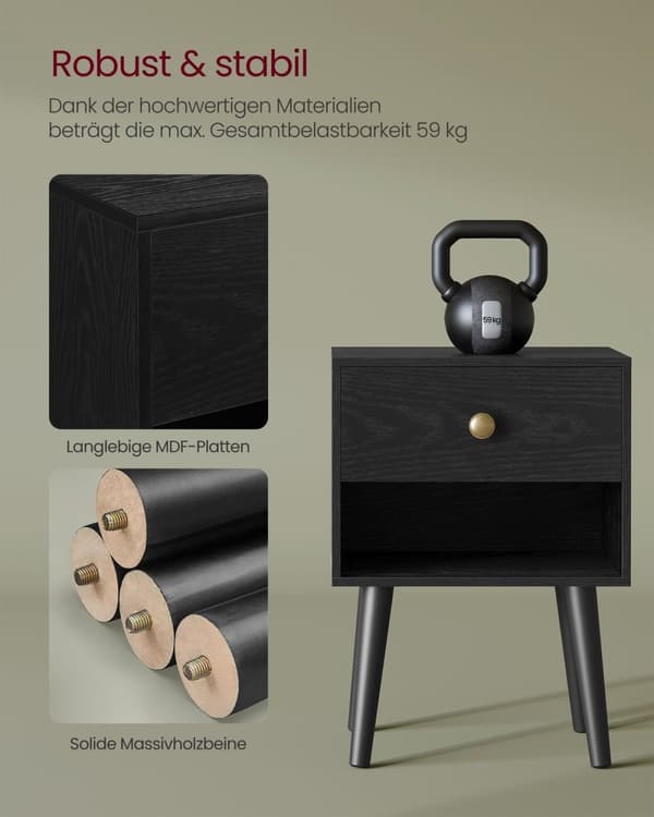 Rootz Ebony Black Sängbord - Nattduksbord - Sängskåp - Spånskiva - MDF - Massivt trä - 28cm x 39cm x 55cm