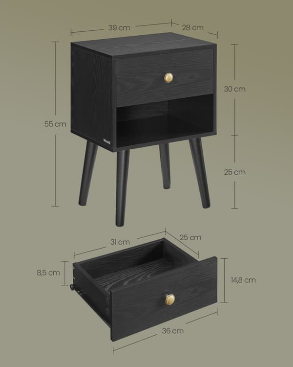 Rootz Ebony Black Sängbord - Nattduksbord - Sängskåp - Spånskiva - MDF - Massivt trä - 28cm x 39cm x 55cm