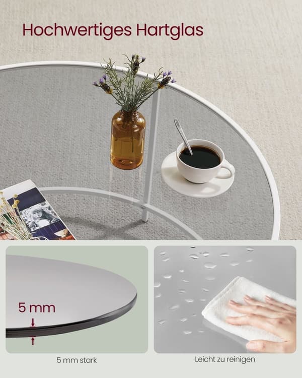 Rootz Runt soffbord - Glassoffbord - Härdat glas - Stålstomme - Pärlvit-skiffergrå - 84cm x 45,5cm - 8,8kg