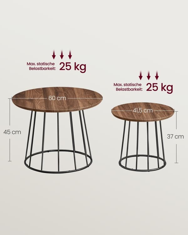 Soffbordsset Rootz Walnut - 2-delat set - Stålstomme - MDF - Naturlig färg - 60 cm x 45 cm - Litet bord 41,5 cm x 37 cm