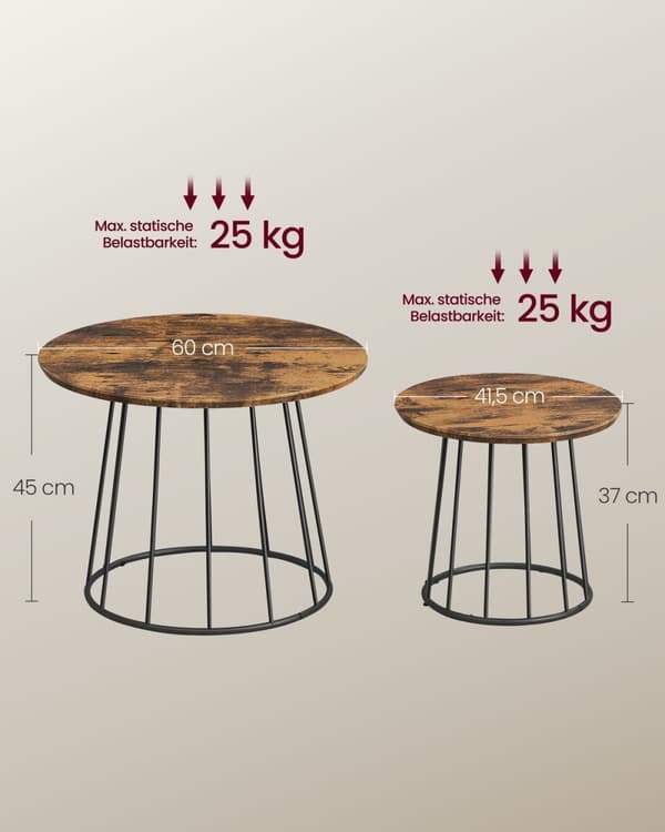Rootz Vintage Brown -teräsrunkoinen sohvapöytäsetti - MDF-sivupöydät - Vintage Ruskea - 60cm x 45cm & 41,5cm x 37cm - Kevyt - 9,1kg