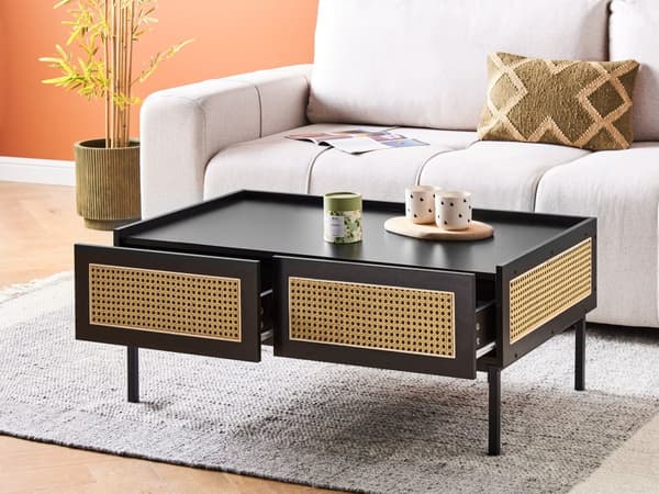 Sofabord Svart med Wienerfletting MDF Jernramme Rottingskuffer 100 x 60 x 42 cm Boho