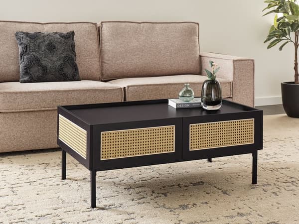 Sofabord Svart med Wienerfletting MDF Jernramme Rottingskuffer 100 x 60 x 42 cm Boho