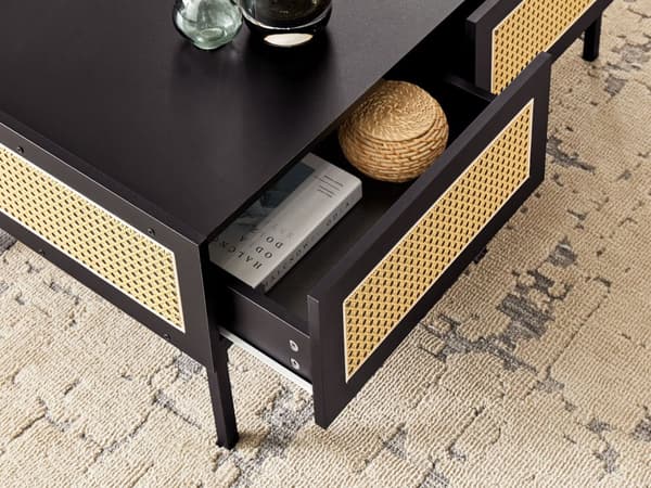 Sofabord Svart med Wienerfletting MDF Jernramme Rottingskuffer 100 x 60 x 42 cm Boho
