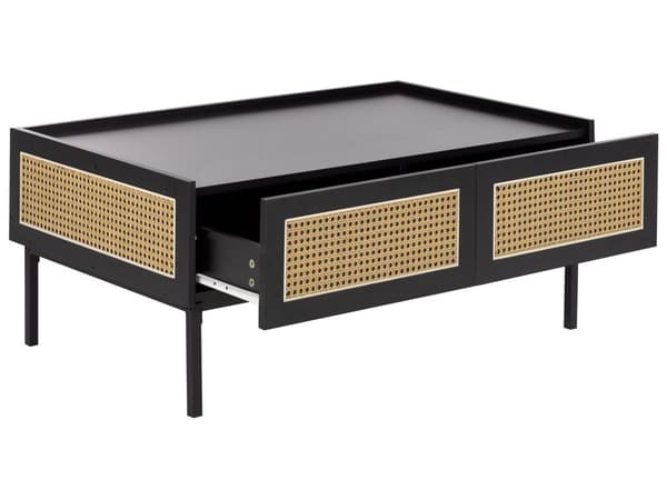 Sofabord med bakke bordplade sort MDF top jern lyst træ rattan rød 100 x 60 x 42 cm 2 skuffer boheme