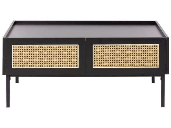 Sofabord med bakke bordplade sort MDF top jern lyst træ rattan rød 100 x 60 x 42 cm 2 skuffer boheme