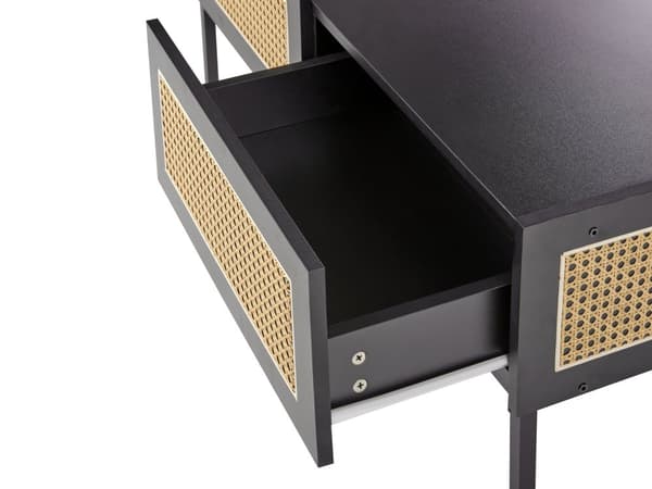 Sofabord med bakke bordplade sort MDF top jern lyst træ rattan rød 100 x 60 x 42 cm 2 skuffer boheme