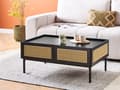 Miniatyrbillede 2 af 11: Sofabord med bakke bordplade sort MDF top jern lyst træ rattan rød 100 x 60 x 42 cm 2 skuffer boheme