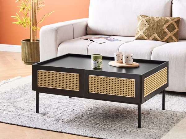 Sofabord med bakke bordplade sort MDF top jern lyst træ rattan rød 100 x 60 x 42 cm 2 skuffer boheme