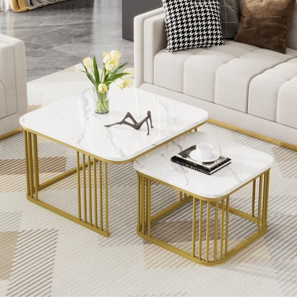 Rootz 2-delade soffbord i högglans marmorlook - Byggbord - Moderna vardagsrumsbord - Reptålig - 70x70x45cm & 50x50x36,5cm