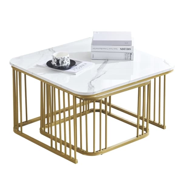 Rootz 2-delade soffbord i högglans marmorlook - Byggbord - Moderna vardagsrumsbord - Reptålig - 70x70x45cm & 50x50x36,5cm