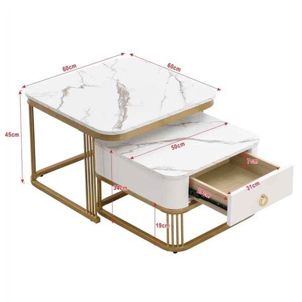 Rootz 2-delat soffbordsset - Byggbord - Högblank marmor - Extra förvaring - 60x60x45cm & 50x50x34cm