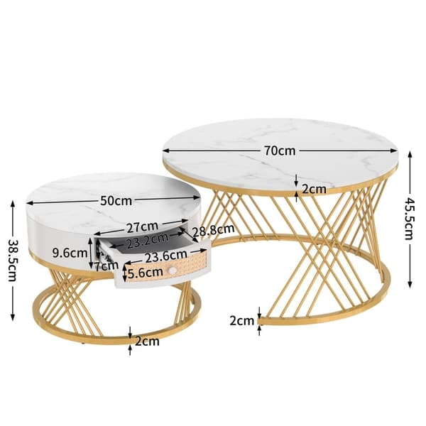 Rootz 2-i-1 soffbordsset - Elegant marmormönster - Utrymmesbesparande bord - MDF & metall - 70x70x45,5cm & 50x50x38,5cm