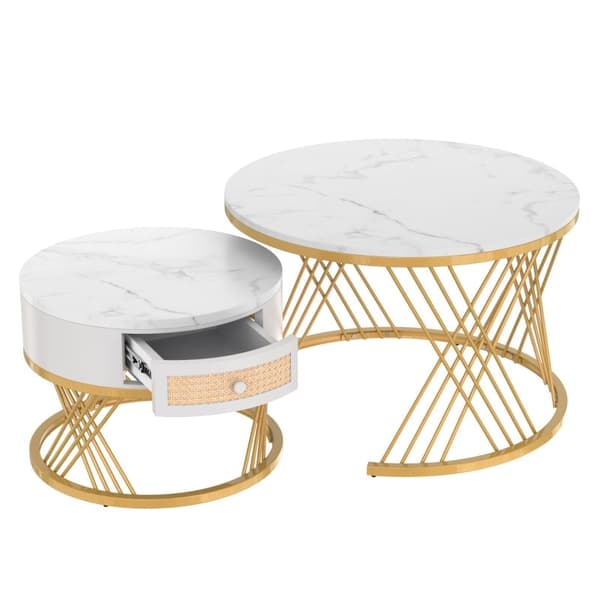 Rootz 2-i-1 soffbordsset - Elegant marmormönster - Utrymmesbesparande bord - MDF & metall - 70x70x45,5cm & 50x50x38,5cm