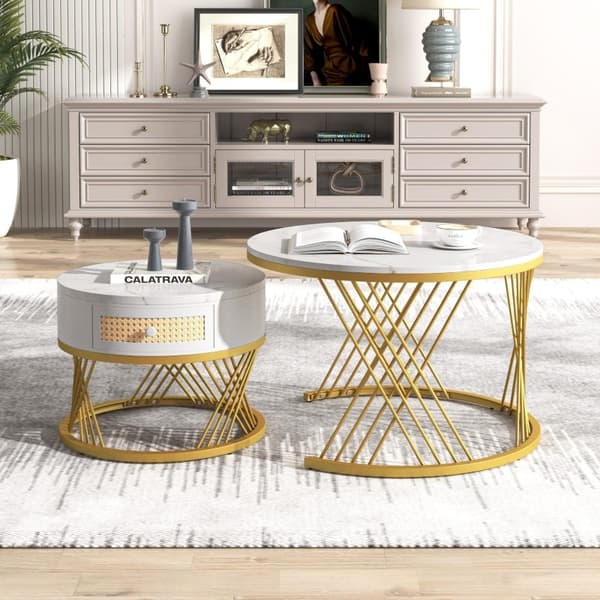 Rootz 2-i-1 soffbordsset - Elegant marmormönster - Utrymmesbesparande bord - MDF & metall - 70x70x45,5cm & 50x50x38,5cm