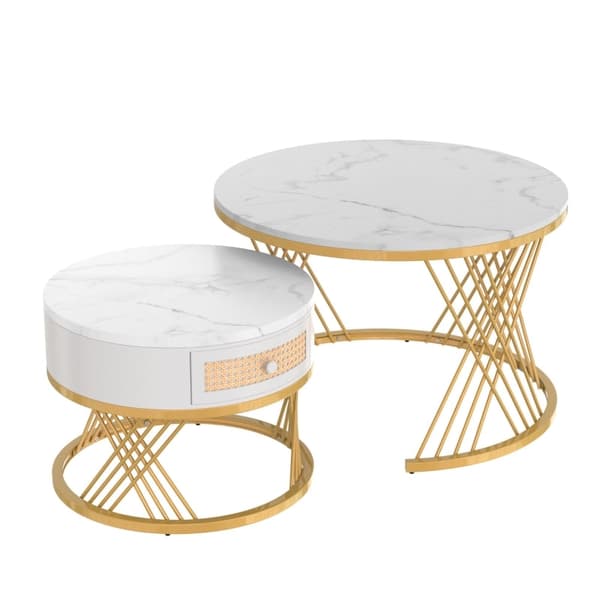 Rootz 2-i-1 soffbordsset - Elegant marmormönster - Utrymmesbesparande bord - MDF & metall - 70x70x45,5cm & 50x50x38,5cm
