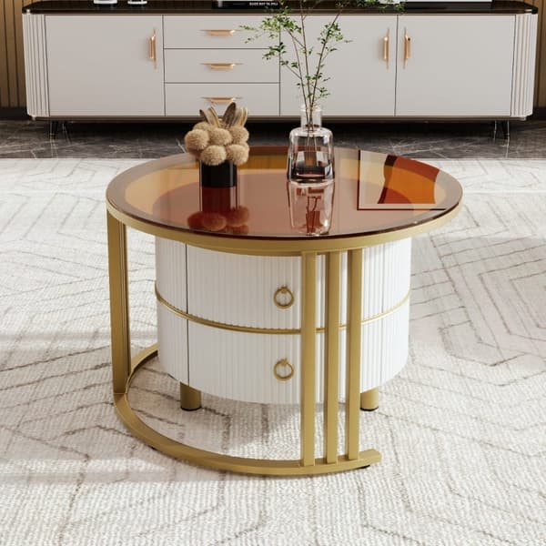 Rootz 2-i-1 soffbordsset - Modernt vardagsrumsbord - Runda glasbord - Förvaringslådor - 70x70x45cm & 50x50x40cm