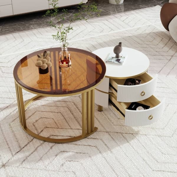 Rootz 2-i-1 soffbordsset - Modernt vardagsrumsbord - Runda glasbord - Förvaringslådor - 70x70x45cm & 50x50x40cm