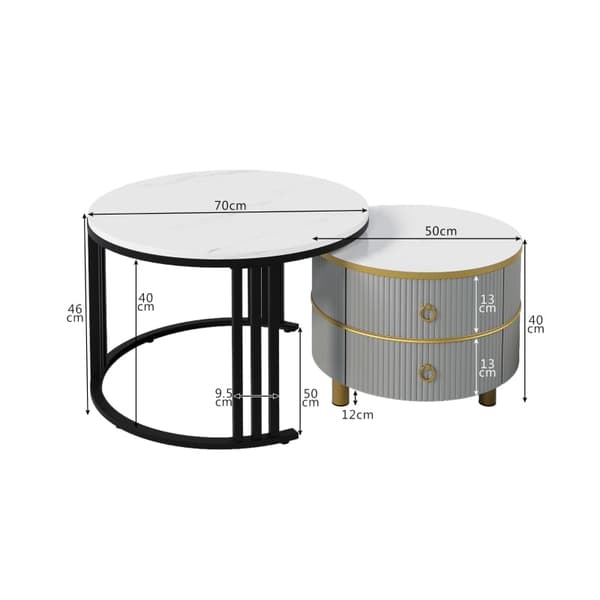 Rootz 2-i-1 sofabordssæt - Marmormønster - Højglans bordplade - Pladsbesparende design - 70/50 cm x 70/50 cm x 46/40 cm