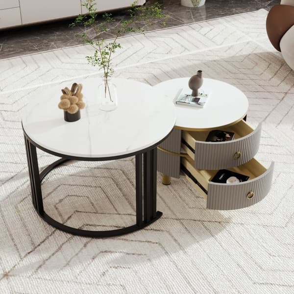 Rootz 2-i-1 sofabordssæt - Marmormønster - Højglans bordplade - Pladsbesparende design - 70/50 cm x 70/50 cm x 46/40 cm