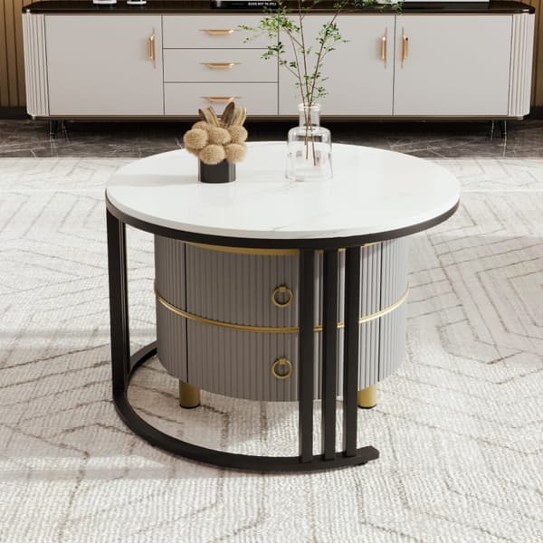 Rootz 2-i-1 sofabordssæt - Marmormønster - Højglans bordplade - Pladsbesparende design - 70/50 cm x 70/50 cm x 46/40 cm