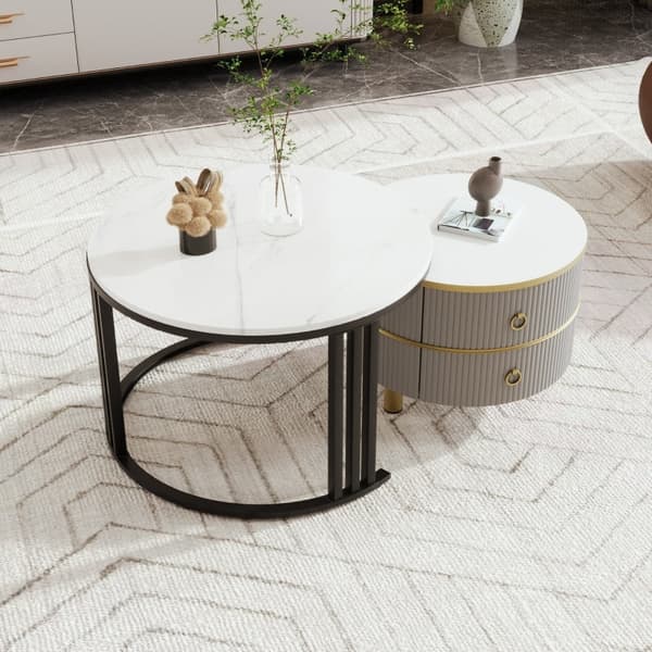 Rootz 2-i-1 sofabordssæt - Marmormønster - Højglans bordplade - Pladsbesparende design - 70/50 cm x 70/50 cm x 46/40 cm
