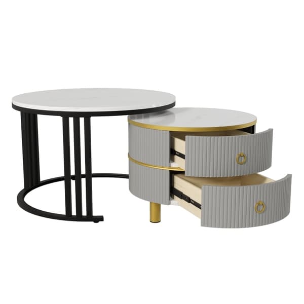 Rootz 2-i-1 sofabordssæt - Marmormønster - Højglans bordplade - Pladsbesparende design - 70/50 cm x 70/50 cm x 46/40 cm