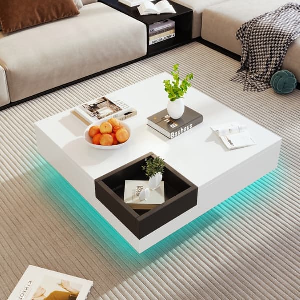 Rootz-sohvapöytä - Moderni olohuoneen pöytä - Kiiltävä pinta - Moniväriset LED-valot - 72cm x 72cm x 30cm - Irrotettava säilytyslaatikko