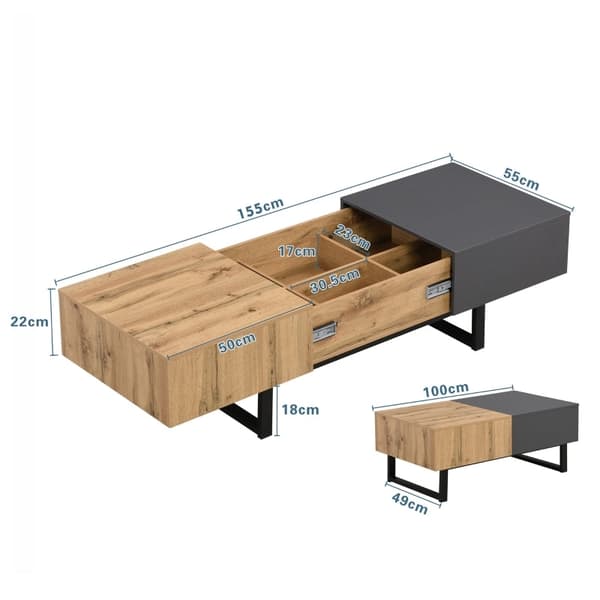 Rootz Modern sohvapöytä - Olohuoneen pöytä - Toimistopöytä - Piilotetut säilytyslokerot - 155L x 55W x 22K cm